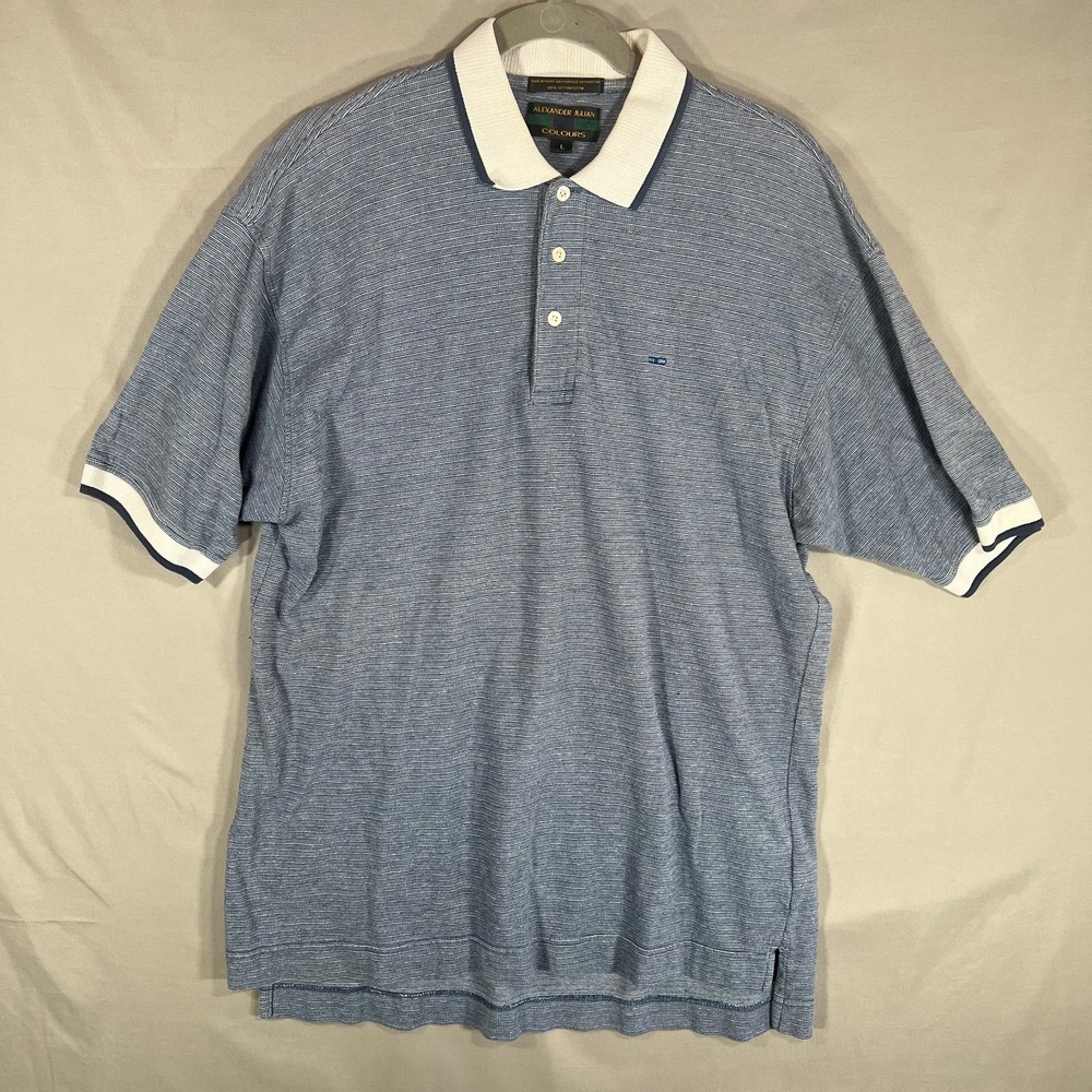 Preppy 80s Core Unlocked - Blue Gray Striped Golf Polo Shirt 100% Cotton Large